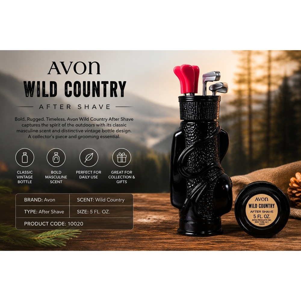Vintage Avon Wild Country After Shave Golf Bag Decanter Bottle Black‎ Glass 5oz